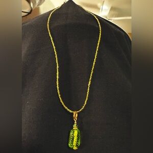 Vintage Green Pendant Necklace w/ Seed Bead Chain w/14K Gold Filled Clasps